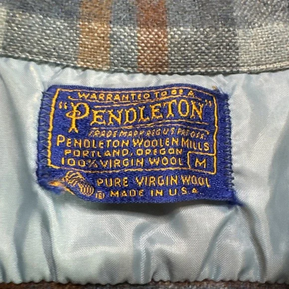 VTG Pendleton Board Shirt Blue Plaid Wool Flap Pockets Loop Collar Men's Sz Med